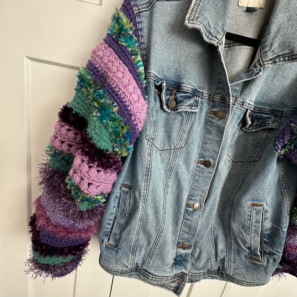 One of a Kind Upcycled  Denim Jacket with Hand Crocheted Sleeves - Picture 2 of 8